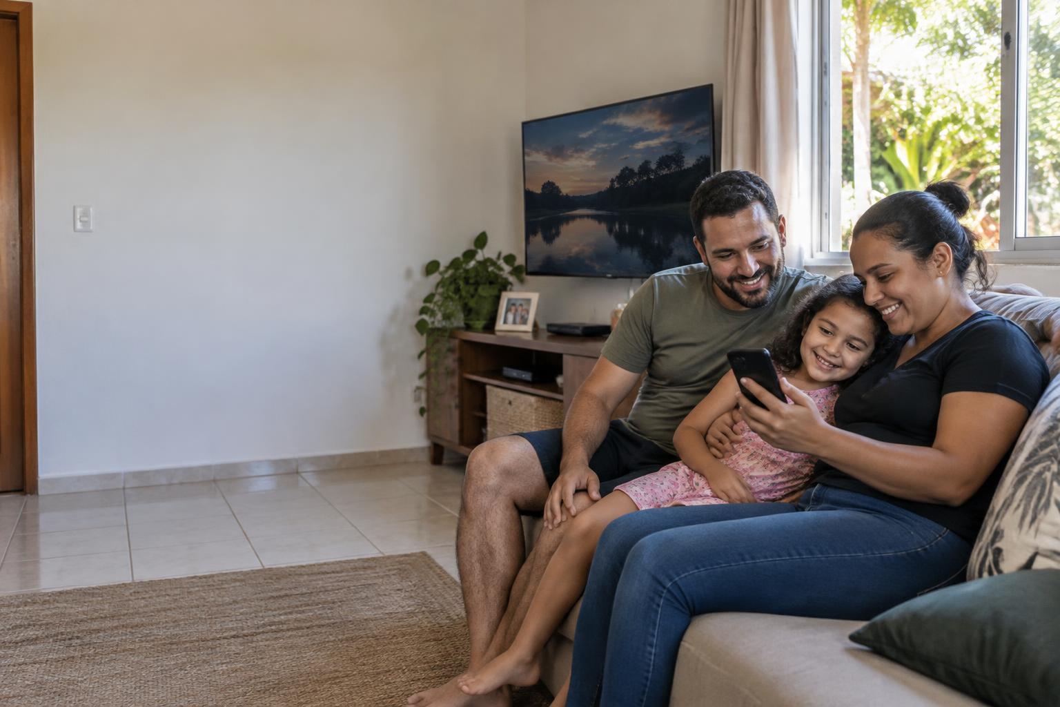 Família reunida no sofá olhando o celular, com uma televisão na sala — imagem ilustrativa